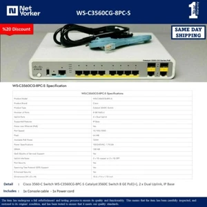 Cisco WS-C3560CG-8PC-S 8 Port PoE+ 3560CG IP Base Switch - Same Day Shipping - Picture 1 of 5