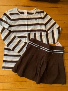 Gymboree Girls Best Friend Brown Skirt with Ribbon Trim Size 8 And Stripe Top - Picture 1 of 4