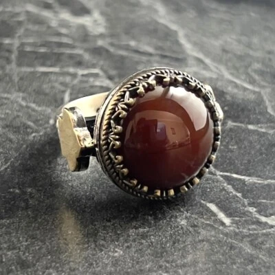 Mens Oval Brown Agate Gemstone Silver Ring, Silver Agate Stone Ring - Image 1 of 4