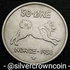 Norway 50 Ore 1958. KM#408. Half Dollar Coin. Olav V. Elkhound. Dog. Animals. 