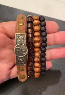 Juego de 4 brazaletes ajustables individuales marrón pila madera y cuero para hombre o mujer Foto 1 de 4