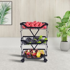 3 Tier Metal Black Shelf Stackable Rolling Fruit Vegetable Basket Serving Carts