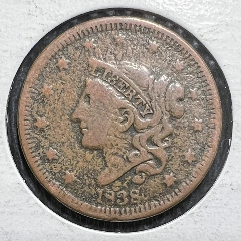 1838 Coronet Head Large Cent 2 grades at Fine Details Below Wholesale Cover