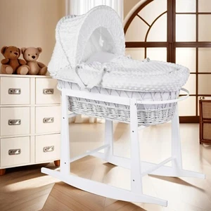 Luxury Moses Basket Padded Wicker Baby Full Set Rocking Stand White Handle/White - Picture 1 of 4