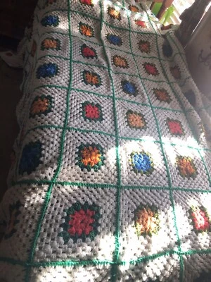 afghan Acrylic Light Green Red Floral granny   square  Est  95x 105 ins - Image 1 of 4