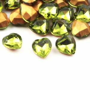 Lot (69) Czech vintage olive green heart glass rhinestones 9mm