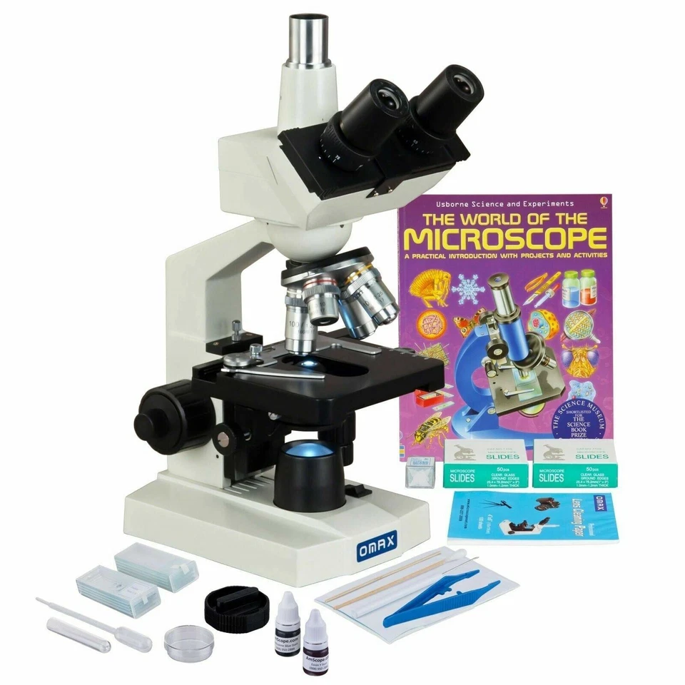 OMAX 2500X LED Trinocular Lab Microscope+Slide Preparation Kit+Blank Slides+Book - Image 1 of 4