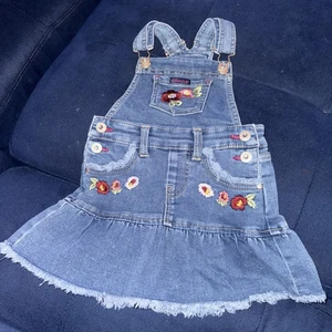 Jordache Embroidered Denim Overall Ruffle Dress Jumper Girls Size 2T Jean Y2k - Picture 1 of 8