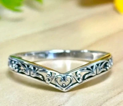 Chevron Leaf Boho Scroll Open Work Sterling Silver Eternity Stacking Ring Gift - Image 1 of 4