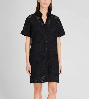 CLUB MONACO NWT $298 Black Embroidered Eyelet Short Sleeve Mini Shirt Dress S - Image 1 of 4
