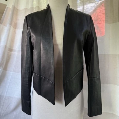 BOSTON PROPER Black Faux Leather Open Front Blazer Jacket Sz 10 Lined Stretch - Image 1 of 4