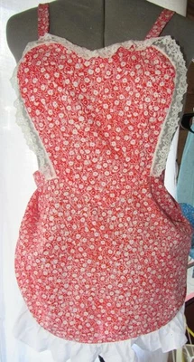 Red & White Bustle Back Apron Lace Trim 1946 Reproduction V2Now #byhand - Image 1 of 4