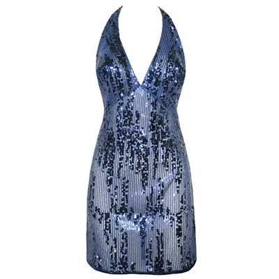 Mini Vestido Halter Talla Grande 1X Azul Lentejuelas Transparente Sin Espalda Ropa de Club Nuevo con Etiquetas Foto 1 de 4