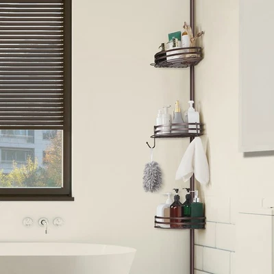 Organizador de canto de chuveiro à prova de ferrugem para banheiro, poste de tensão com 3 cestas - Imagem 1 de 4