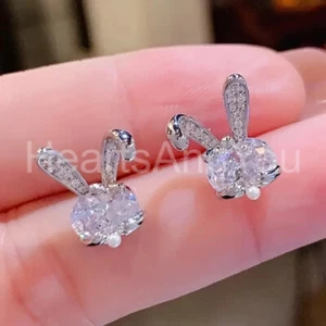 2ct Oval Cut Moissanite Rabbit Bunny Stud Party Earrings 14K White Gold Plated - Picture 1 of 6
