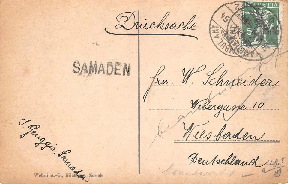 STAMP AMBULANT TRAIN CANCEL SAMADEN SAMEDEN SWITZERLAND TO GERMANY POSTCARD 1909 - Image 1 of 1