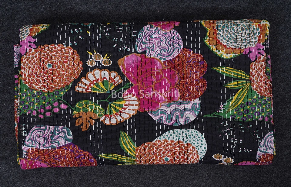 Edredón kantha estampado floral ropa de cama boho colcha india manta hecha a mano Foto 1 de 1