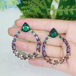 Black Gold Plated Purple Blue Cubic Zirconia CZ Big Round Drop Earring for Women - Bild 1 von 12