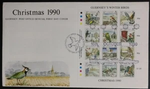 134. GUERNSEY 1990 STAMP S/S CHRISTMAS, WINTER BIRDS FDC - Picture 1 of 1