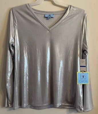NWT CeCe Women’s XL V Neck Shimmer Knit Top Metallic Soft Stretchy Dressy Party - Image 1 of 4