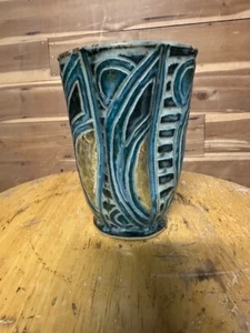 MICHAEL KAPLENK Signed Vase LOVELY TEAL GLAZE Studio Pottery 5.5 In CARVED - Picture 1 of 6
