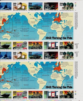 WORLD WAR II 1943 TURNING THE TIDE #2765 - US HISTORY MNH VF 10 STAMP SHEET - Image 1 of 2