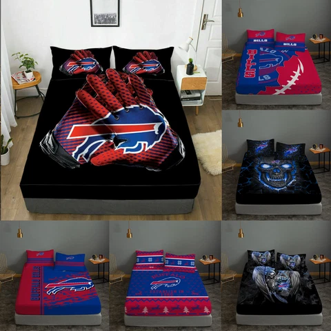 Buffalo Bills 3Pcs Fitted Sheet Bedding Deep Pocket Mattress Pillowcases Gifts Cover