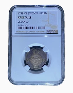 1778 Sweden 1/12 Riksdaler – NGC XF Details – Silver Coin, Low Mintage - Picture 1 of 2