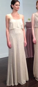 NWOT light beige gold Jenny Yoo 'Blake' Bib Front Crêpe de Chine glitter Gown 14 - Picture 1 of 1