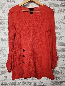 Ali Miles Shirt Womens Small Red Crinkle Black Button Roll Tab Sleeve V Neck - Picture 1 of 15