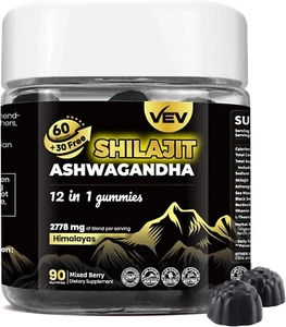 VEV Himalayan Shilajit Gummies for Men with Ashwagandha Gummies, Sea Moss, Black - Picture 1 of 8