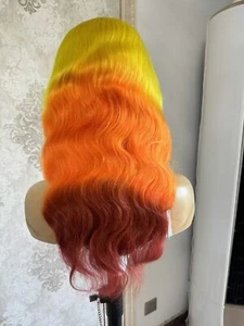 20'' Ombre Yellow Orange With Brown Long Wave T Lace Front 100% Human Hair Wigs - Picture 1 of 6