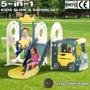 5 in 1 Kids Slide Swing Set Toddler Ladder Basketball Hoop Bus Driving Playset - Picture 1 of 10