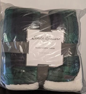 Eddie Bauer Home Plush Sherpa Throw 60 X 70 Inch Green Plaid Pattern - Picture 1 of 4