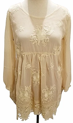 Pretty Angel Blouse Womens XL Beige Long Sleeve Sheer Lined Daisy Crochet New - Image 1 of 4