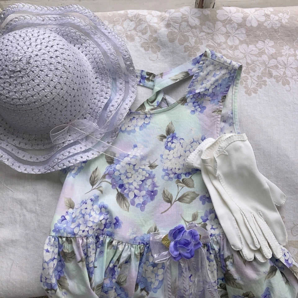 HERMOSO Niñas TALLA 10 VESTIDO + SOMBRERO + GUANTES Lavanda Hortensia Estampado Bonnie Jean Foto 1 de 4