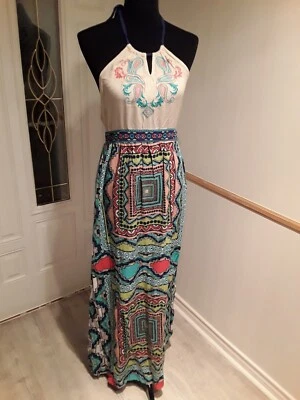 Maxi Vestido Top Halter Tomate Volador Espalda Ajustada Turquesa Beige Estampado Azteca L Foto 1 de 4