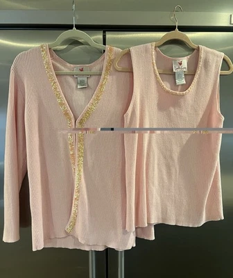 Quacker Factory Large 2PC Cardigan Tank Set Ribbed Pink w/ Sequin Details - Image 1 of 4