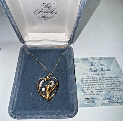 14k Yellow Gold, Pearl & Diamond HEART PENDANT NECKLACE - Image 1 of 4