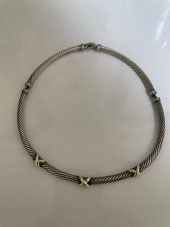 David Yurman Triple X~Station Classic Cable~Choker Necklace~925 &14K 585 Gold  - Image 1 of 4