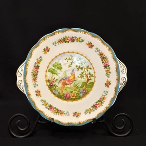 Royal Albert Cake Plate 2 Handled 9.875" Chelsea Bird Blue Multicolor Gold 1940s - Picture 1 of 11