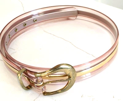 VTG Lucite Belt Clear Jelly 37” Pinkish Hue With Gold Stripe Groovy MCM Brass - Image 1 of 4