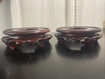 Par de Expositores de Madera Tallada Diseño de Arte Asiático Rojo Marrón Rosa Base 6 Pulgadas Foto 1 de 4