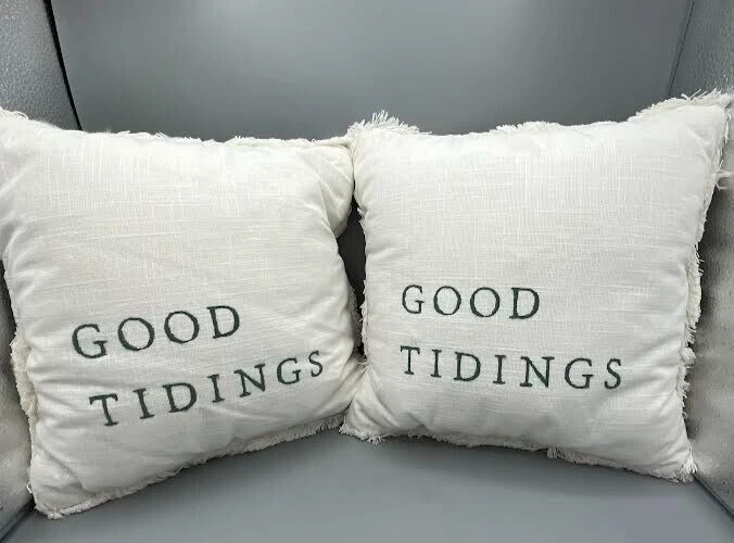 Lot of 2 Hearth and Hand Magnolia Pillow "Good Tidings"-Green Embroidery 14"x14" - Image 1 of 1