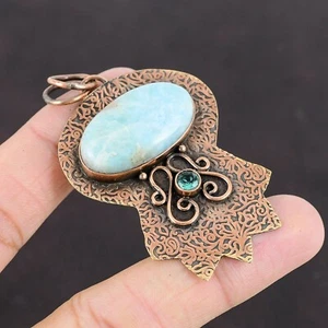 Friendship Day Sale Natural Larimar Swiss Blue Topaz Mother Bezel Pendant Copper - Picture 1 of 7