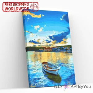 Paint By Numbers Kit Boat Lake Abstract Art Kids Home Canvas Decor Oil Painting - Picture 1 of 19