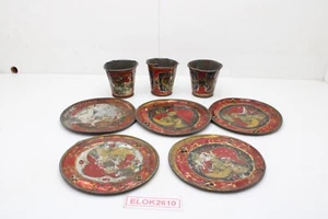 Vintage Play Tin Dishes 8 Pieces Plate Cups Girl with Goat As Is - Picture 1 of 21