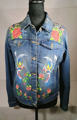 Chaqueta Vaquera Bordada Baccini Colibrí Floral Mariposa Envejecida Med Foto 1 de 4