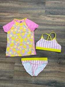 Lands’ End 3 Piece Pink and Yellow Lemon Swim Suit Size Girls 8 - Picture 1 of 3
