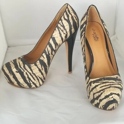 Charlotte Russe желтовато-коричневый и черный в полоску каблуки животное печати, размер 7 - Изображение 1 из 4